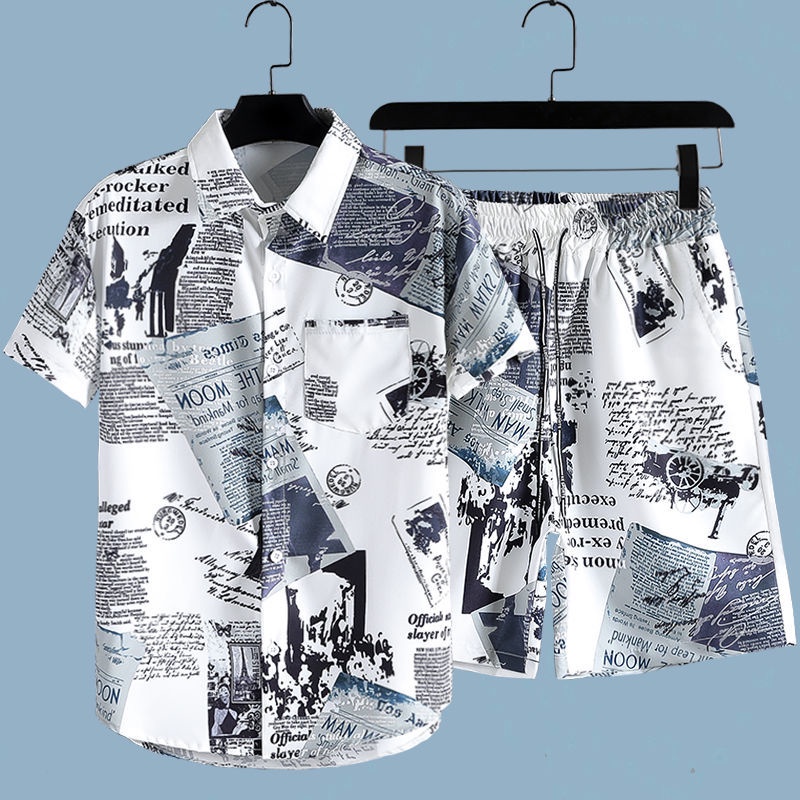 Setelan 2 potong motif koran p - Beach Shirt Hawaiian ulasan dan harga