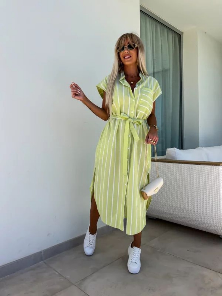 Gaun Kemeja Bergaris Lengan Pe - Summer Clothing Looks ulasan dan harga